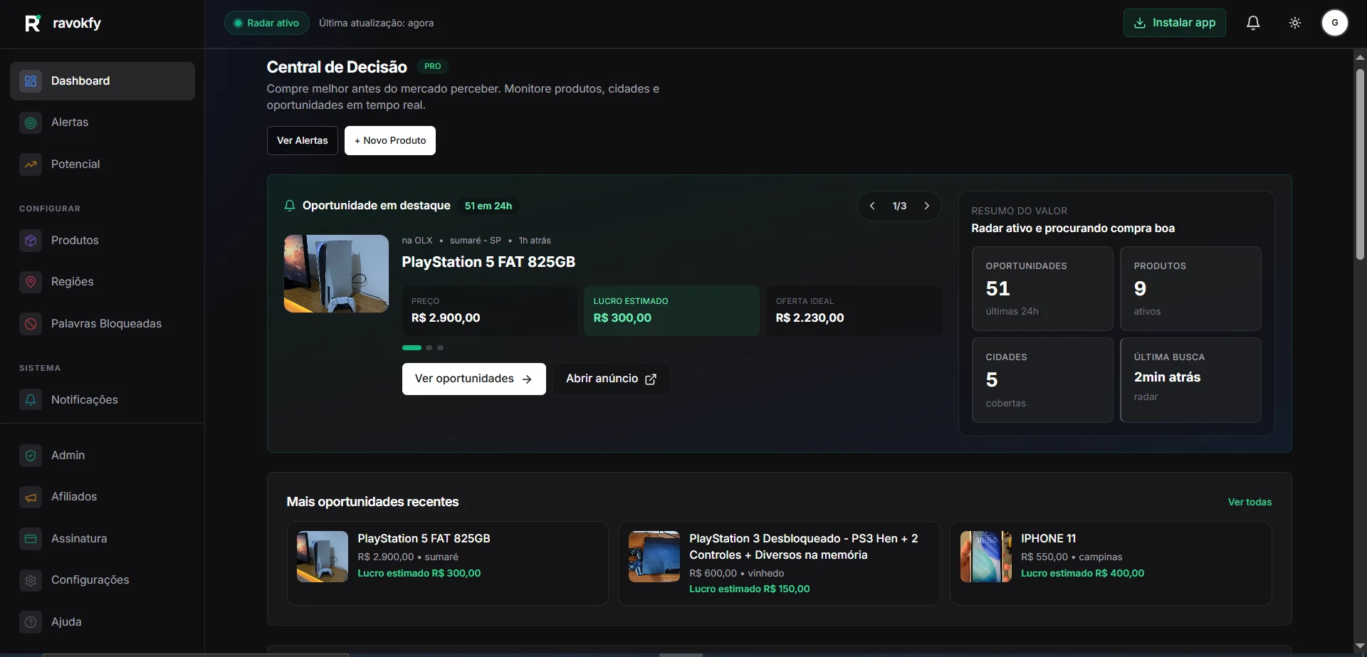 Painel Central de Decisão do Ravokfy mostrando oportunidades em tempo real, lucro estimado e resumo do radar